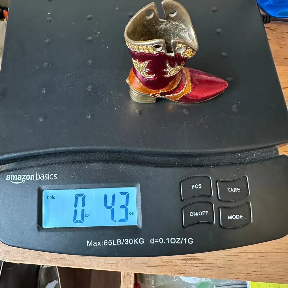 Red Enamel Cowboy Boot Figurine Amber Rhinestone Paperweight Heavy Metal Decor